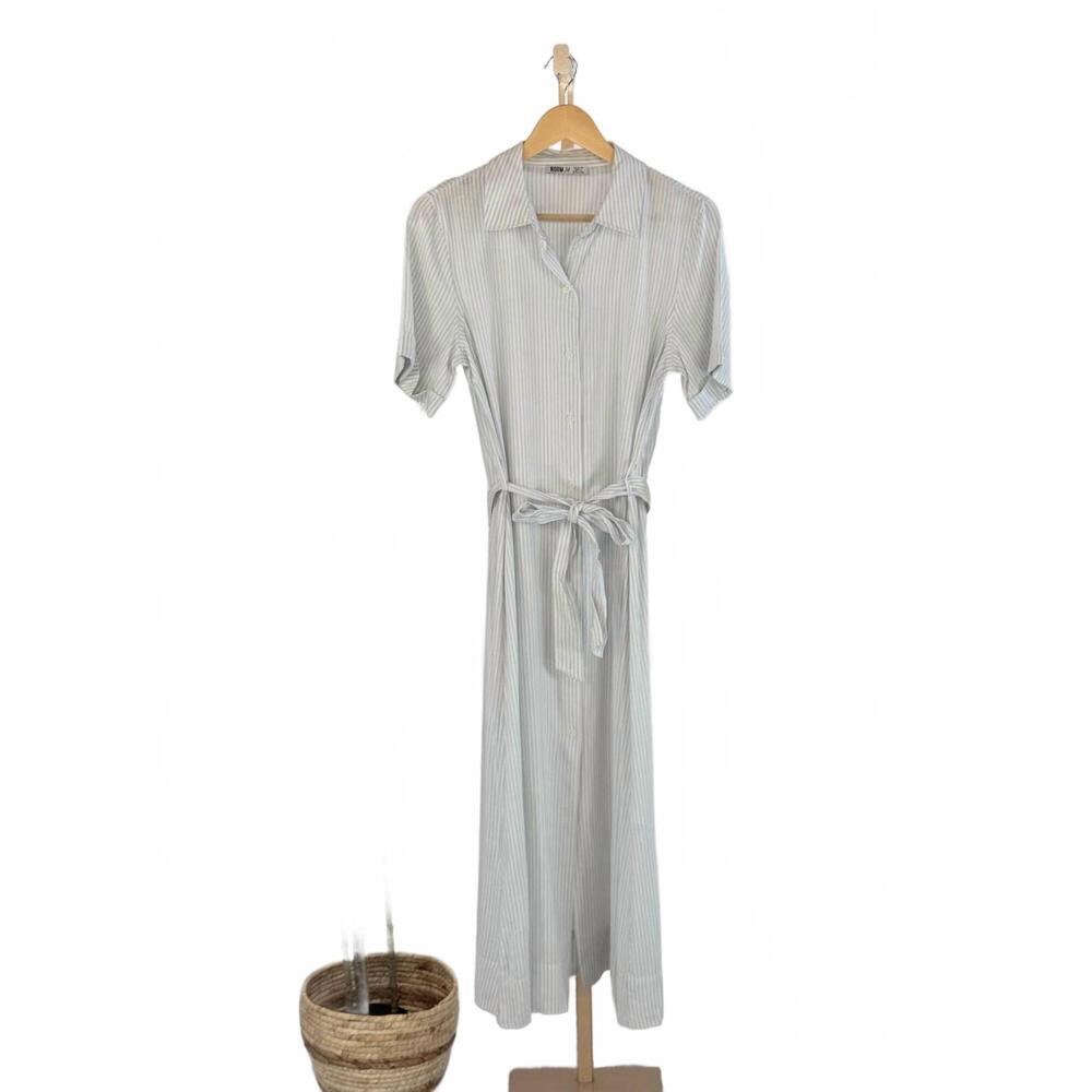 NEW DEX CLOTHING women's street stripe midi dress in white and blue wash